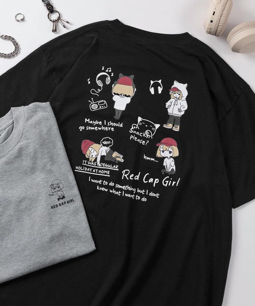 Red Cap Girl(レッドキャプガール)の「【70】【RCG/レッドキャップガール】グラフィック バックプリント Tシャツ/デフォルメプリント/フロントワンポイント/キャラクター/ユニセックス/レディース/メンズ(Tシャツ/カットソー・メンズ・グリーン/グレー/ブラック/ホワイト/ピンク・M/L)」の2枚目の写真