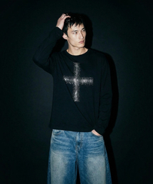 クリスタルクロス ボートネック ロングスリーブTシャツ(ブラック)