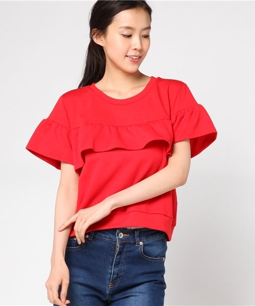 Honeys(ハニーズ)の「胸フリルプルオーバー(Tシャツ/カットソー・レディース・ホワイト×ネイビー/杢グレー/レッド/オフホワイト/ブラック・S/M/L)」の5枚目の写真