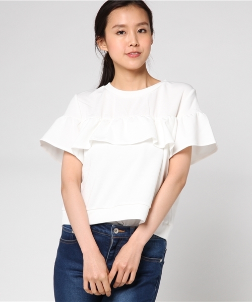 Honeys(ハニーズ)の「胸フリルプルオーバー(Tシャツ/カットソー・レディース・ホワイト×ネイビー/杢グレー/レッド/オフホワイト/ブラック・S/M/L)」の2枚目の写真