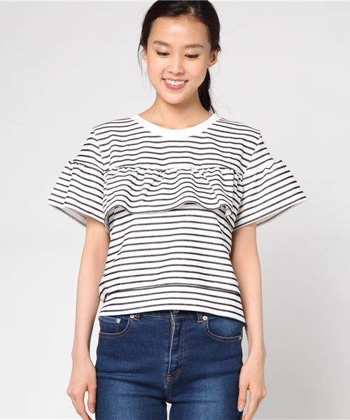 Honeys(ハニーズ)の「胸フリルプルオーバー(Tシャツ/カットソー・レディース・ホワイト×ネイビー/杢グレー/レッド/オフホワイト/ブラック・S/M/L)」の6枚目の写真