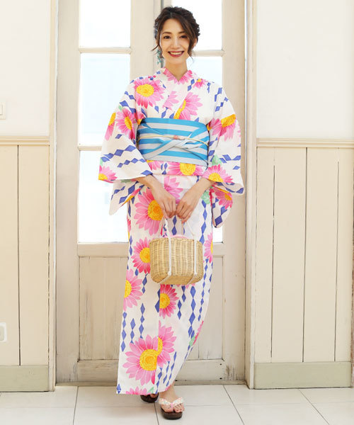 C R E A M クリーム の 19京都浴衣セット 向日葵 ひまわり ピンク 白 白地 浴衣 帯 平帯 下駄 その他 8点セット 浴衣 Wear