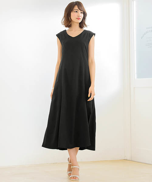 Aライン袖なしロングワンピース ワンピース Pierrot ピエロ のファッション ワンピース ワンピース セール ウエストリボン付き