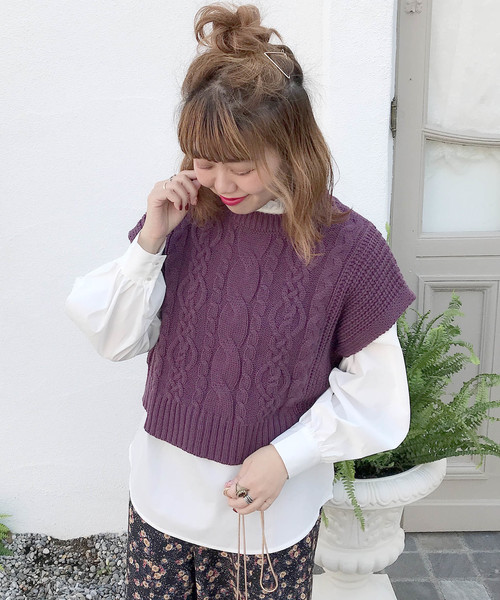 archives（アルシーヴ）の「ケーブル柄ベスト+プチハイブラウスSET（シャツ/ブラウス・レディース・ブラック/ベージュ/パープル/グリーン・MEDIUM）」の4枚目の写真