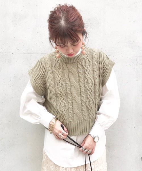 archives（アルシーヴ）の「ケーブル柄ベスト+プチハイブラウスSET（シャツ/ブラウス・レディース・ブラック/ベージュ/パープル/グリーン・MEDIUM）」の13枚目の写真