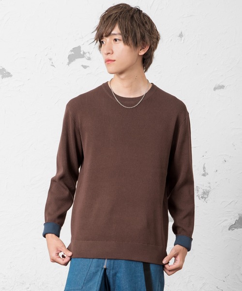 MinoriTY（マイノリティ）の「14Gワッフルリブ裏配色ニット ハイゲージ（ニット/セーター・メンズ・ベージュ/ブラウン/カーキ/ブルー系その他・M/L）」の2枚目の写真