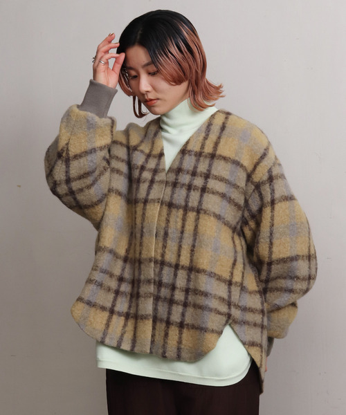 cardo fabrica ◆ ウールモヘアシャギーチェックＶネックコート cardo fabrica ウールモヘア シャギーチェック Vネック コート
