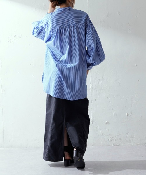 DISCOAT（ディスコート）の「【WEB限定】ストライプバンドカラーシャツ（シャツ/ブラウス・レディース・ブルー/ホワイト×ブラック/ホワイト×ネイビー/ネイビー×ホワイト/ホワイト/ブラック/ホワイト×ピンク/ホワイト×グリーン/サックスブルー・FREE）」の21枚目の写真