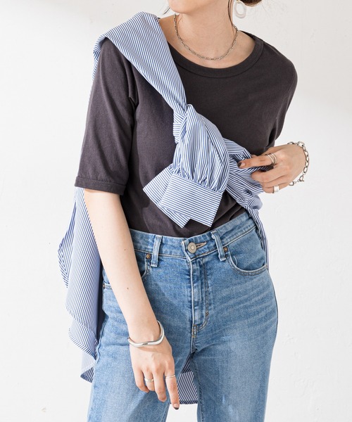 DISCOAT（ディスコート）の「【WEB限定】ストライプバンドカラーシャツ（シャツ/ブラウス・レディース・ブルー/ホワイト×ブラック/ホワイト×ネイビー/ネイビー×ホワイト/ホワイト/ブラック/ホワイト×ピンク/ホワイト×グリーン/サックスブルー・FREE）」の13枚目の写真