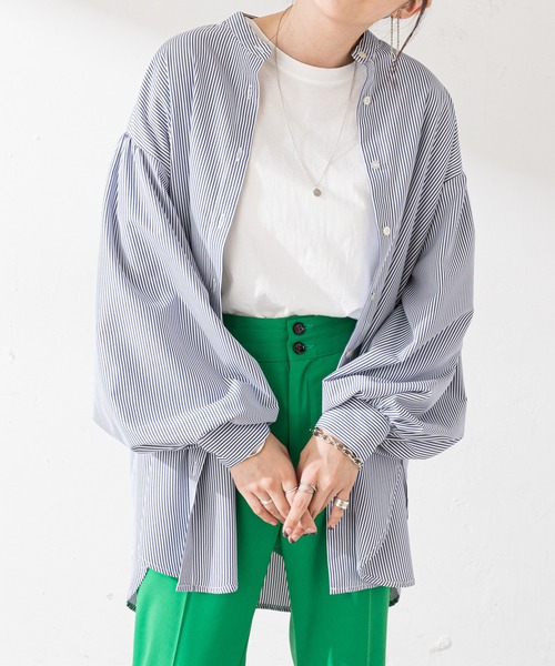 DISCOAT（ディスコート）の「【WEB限定】ストライプバンドカラーシャツ（シャツ/ブラウス・レディース・ブルー/ホワイト×ブラック/ホワイト×ネイビー/ネイビー×ホワイト/ホワイト/ブラック/ホワイト×ピンク/ホワイト×グリーン/サックスブルー・FREE）」の12枚目の写真