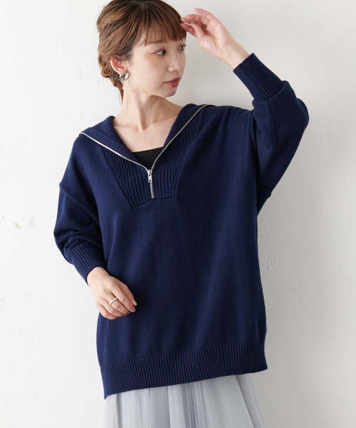 COLLAGE GALLARDAGALANTE（コラージュガリャルダガランテ）の「【OT】ハーフジッププルオーバーニット（ニット/セーター・レディース・ネイビー/オフホワイト・FREE）」の14枚目の写真