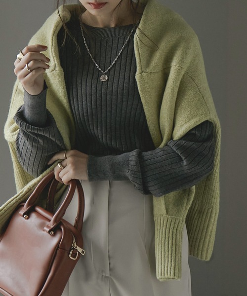 Fashion Letter(ファッションレター)の「ラウンドネックリブニット(ニット/セーター・レディース・ブラック/ダークグリーン/杢グレー/バーガンディー/グレイッシュベージュ・LL~3L/4L~5L/M~L)」の2枚目の写真