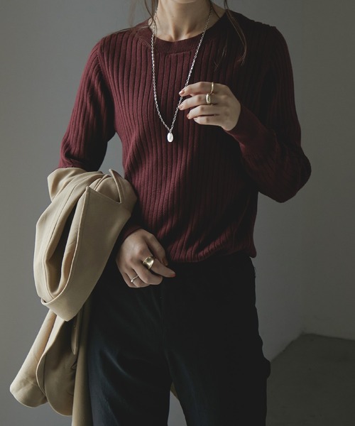 Fashion Letter(ファッションレター)の「ラウンドネックリブニット(ニット/セーター・レディース・ブラック/ダークグリーン/杢グレー/バーガンディー/グレイッシュベージュ・LL~3L/4L~5L/M~L)」の5枚目の写真