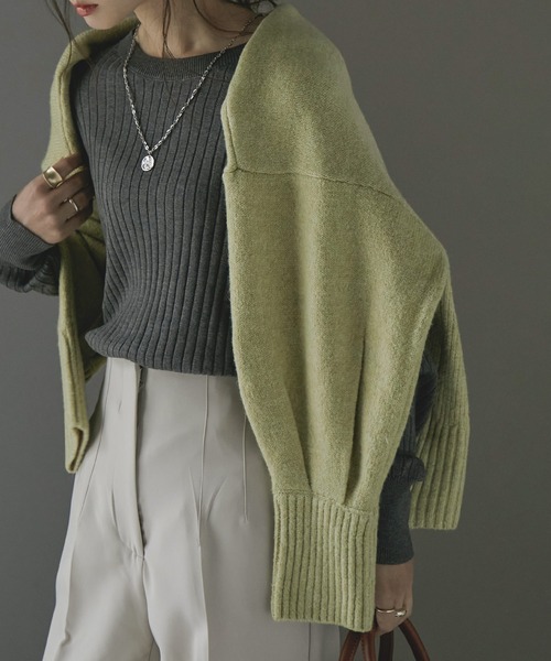 Fashion Letter(ファッションレター)の「ラウンドネックリブニット(ニット/セーター・レディース・ブラック/ダークグリーン/杢グレー/バーガンディー/グレイッシュベージュ・LL~3L/4L~5L/M~L)」の6枚目の写真