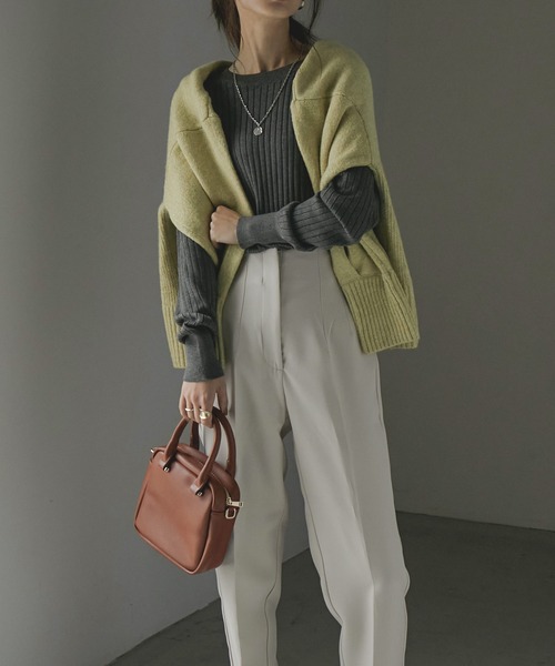 Fashion Letter(ファッションレター)の「ラウンドネックリブニット(ニット/セーター・レディース・ブラック/ダークグリーン/杢グレー/バーガンディー/グレイッシュベージュ・LL~3L/4L~5L/M~L)」の9枚目の写真