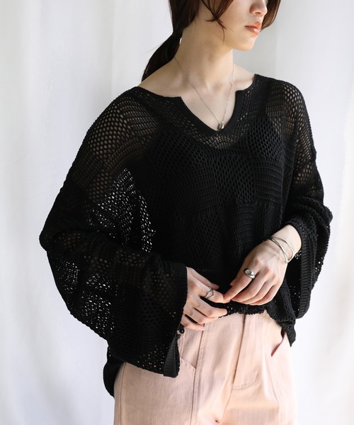 select MOCA（セレクトモカ）の「キーネックブロックチェックメッシュトップス（Tシャツ/カットソー・レディース・ブラック/アイボリー/テラコッタ・FREE）」の3枚目の写真