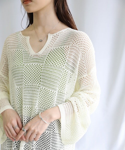 select MOCA（セレクトモカ）の「キーネックブロックチェックメッシュトップス（Tシャツ/カットソー・レディース・ブラック/アイボリー/テラコッタ・FREE）」の7枚目の写真