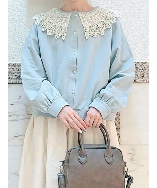 Samansa Mos2（サマンサ モスモス）の「前後着ミニ裏毛レース襟カットソー（Tシャツ/カットソー・レディース・ベージュ/グレー/ミント/キナリ・ﾌﾘ-）」の4枚目の写真