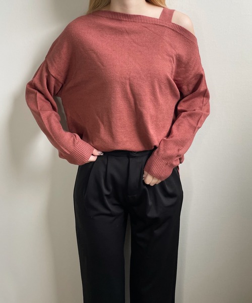 shopnikoniko(ショップニコニコ)の「ウエストマーク ワンショルダーニット(Tシャツ/カットソー・レディース・テラコッタ/ブラック/アイボリー/ベージュ・フリー)」の11枚目の写真
