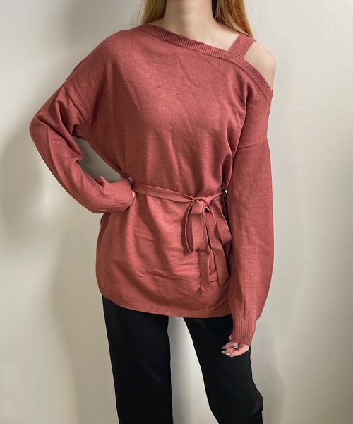 shopnikoniko(ショップニコニコ)の「ウエストマーク ワンショルダーニット(Tシャツ/カットソー・レディース・テラコッタ/ブラック/アイボリー/ベージュ・フリー)」の10枚目の写真