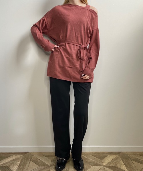 shopnikoniko(ショップニコニコ)の「ウエストマーク ワンショルダーニット(Tシャツ/カットソー・レディース・テラコッタ/ブラック/アイボリー/ベージュ・フリー)」の12枚目の写真