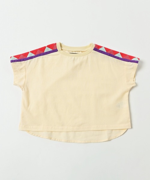 A BOND(アボンド)の「パッチワークライン半袖プルオーバー(90~150cm)(Tシャツ/カットソー・キッズ・オフホワイト/ピンク/チャコール・100/110/120/130/140/150)」の2枚目の写真