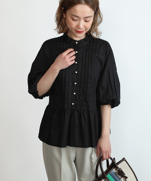 PICCIN（ピッチン）の「パールボタンペプラムピンタックブラウス（シャツ/ブラウス・レディース・ブラック/オフホワイト/ベビーピンク・M）」の7枚目の写真