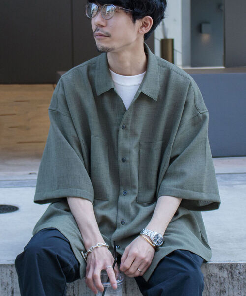 GLOSTER（グロスター）の「【GLOSTER/グロスター】リネンライクミリタリービッグシャツ オーバーサイズシャツ（シャツ/ブラウス・メンズ・ブラック/ベージュ/オリーブ・FREE）」の3枚目の写真