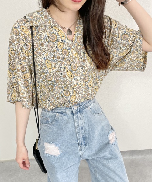 nemne store（ネンネストア）の「総柄開襟半袖シャツ（シャツ/ブラウス・レディース・イエロー/ホワイト系その他2/ネイビー/ホワイト系その他・フリー）」の4枚目の写真