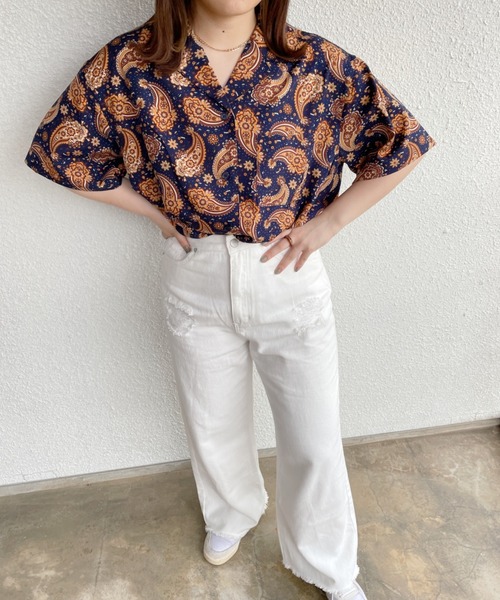 nemne store（ネンネストア）の「総柄開襟半袖シャツ（シャツ/ブラウス・レディース・イエロー/ホワイト系その他2/ネイビー/ホワイト系その他・フリー）」の8枚目の写真