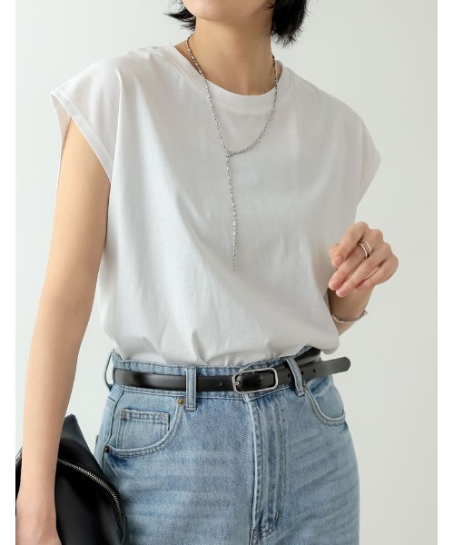 Re:EDIT（リエディ）の「[接触冷感]フレンチスリーブシルケットカットソー（Tシャツ/カットソー・レディース・ブラック/グリーン/ブルー/ピンク/ホワイト/オレンジ・MEDIUM/LARGE）」の2枚目の写真