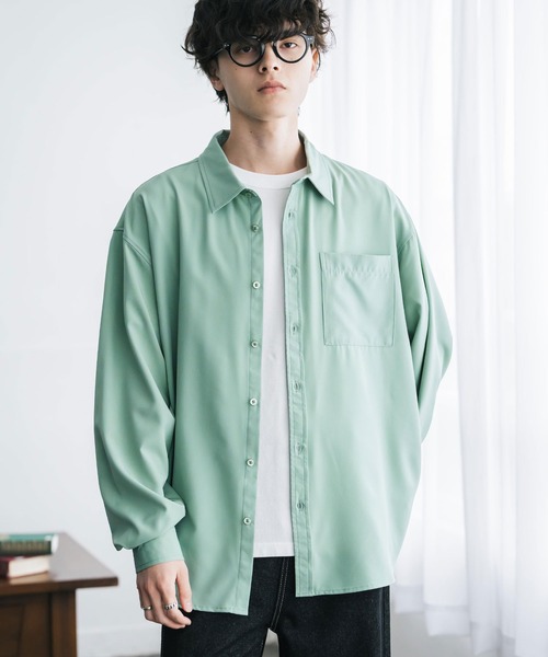 新色追加 オーバーサイズ レギュラーカラーストレッチ長袖シャツ