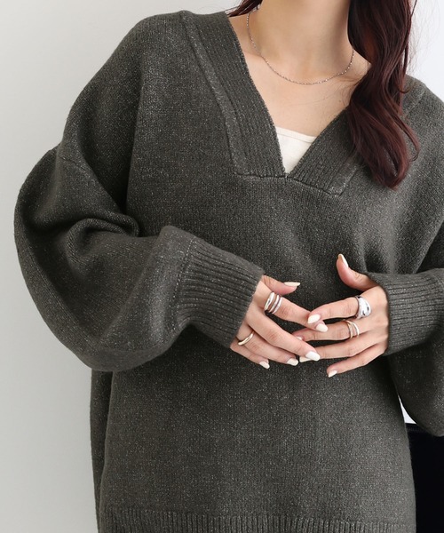 14th adiction ダークグレー Vネック長袖ニット セール】【新色追加】オーバーサイズVネック長袖ニットトップス