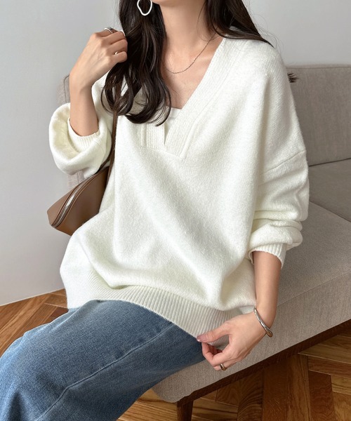 セール】【新色追加】オーバーサイズVネック長袖ニットトップス