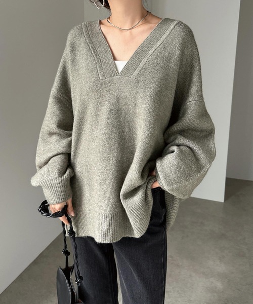 セール】【新色追加】オーバーサイズVネック長袖ニットトップス