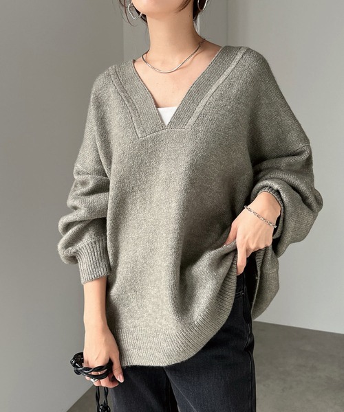 セール】【新色追加】オーバーサイズVネック長袖ニットトップス