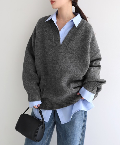 セール】【新色追加】オーバーサイズVネック長袖ニットトップス