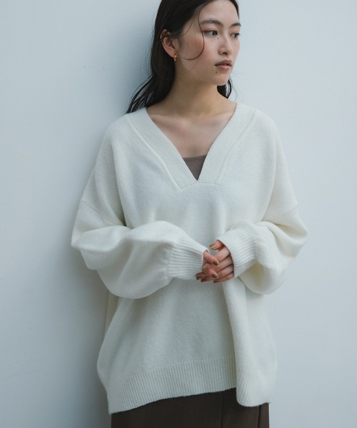 セール】【新色追加】オーバーサイズVネック長袖ニットトップス