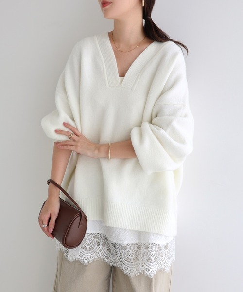 セール】【新色追加】オーバーサイズVネック長袖ニットトップス
