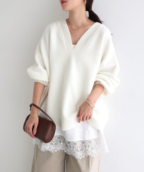 セール】【新色追加】オーバーサイズVネック長袖ニットトップス