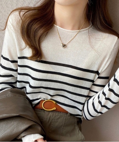 Burner（バーナー）の「【OKUOKU　0909】クルーネック　ライト　ボーダーニット　　　WAT-tops-685208571564-15（ニット/セーター・レディース・B/A/C/D/E/F・FREE）」の2枚目の写真