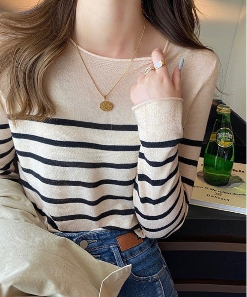 Burner（バーナー）の「【OKUOKU　0909】クルーネック　ライト　ボーダーニット　　　WAT-tops-685208571564-15（ニット/セーター・レディース・B/A/C/D/E/F・FREE）」の5枚目の写真