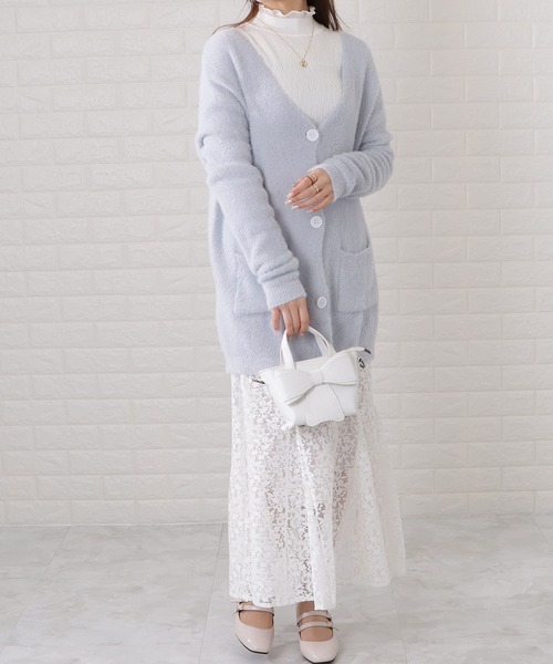 Drawer ライトグレー ニットロングカーディガン ボタン付き Drawer ライトグレー ニットロングカーディガン ボタン付き C
