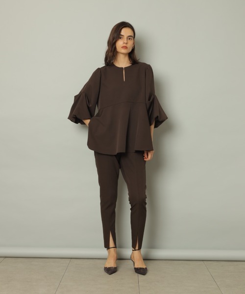 カデュネ　裾フレアブラウス　五分丈38 ブラウン 5分袖裾フレアブラウス（シャツ/ブラウス）｜CADUNE（カデュネ