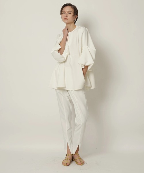 カデュネ 裾フレアブラウス 五分丈38 ブラウン カデュネ 裾フレア