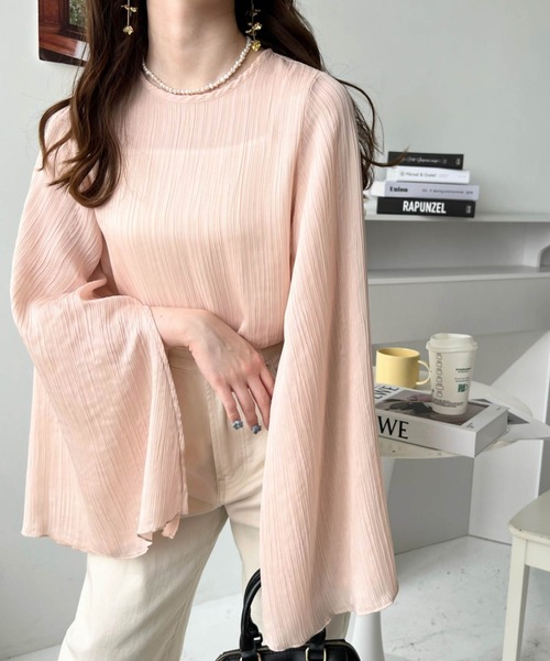 moment+(モーメントプラス)の「シアーランダムプリーツスリットフレアスリーブブラウス(シャツ/ブラウス・レディース・ブラック/グレイッシュベージュ/ピンク/ナチュラル/ブルー・M/L)」の10枚目の写真