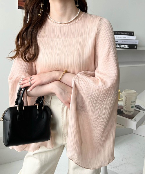 moment+(モーメントプラス)の「シアーランダムプリーツスリットフレアスリーブブラウス(シャツ/ブラウス・レディース・ブラック/グレイッシュベージュ/ピンク/ナチュラル/ブルー・M/L)」の11枚目の写真