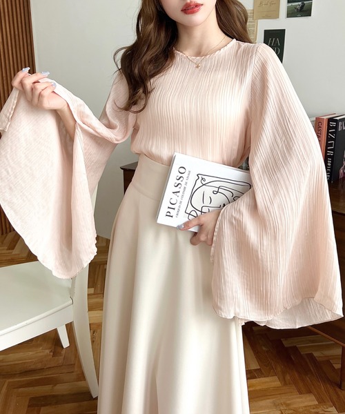 moment+(モーメントプラス)の「シアーランダムプリーツスリットフレアスリーブブラウス(シャツ/ブラウス・レディース・ブラック/グレイッシュベージュ/ピンク/ナチュラル/ブルー・M/L)」の12枚目の写真