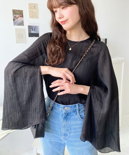 moment+(モーメントプラス)の「シアーランダムプリーツスリットフレアスリーブブラウス(シャツ/ブラウス・レディース・ブラック/グレイッシュベージュ/ピンク/ナチュラル/ブルー・M/L)」の22枚目の写真