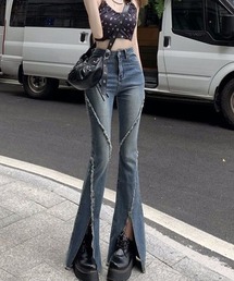 【サイズあり】ヴィンテージ ハイウェスト ストレッチ フリンジ フレア デニムパンツ